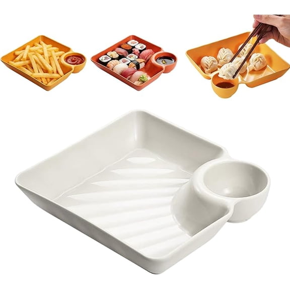Section Sauce Separated Plate – Durable Divided Serving Dish with Integrated Dip Compartment, Perfect for Appetizers, Fried Chicken, Dumplings, Sushi and Daily Snack Use White