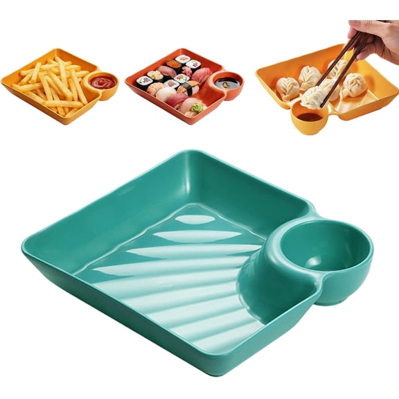 Section Sauce Separated Plate – Durable Divided Serving Dish with Integrated Dip Compartment, Perfect for Appetizers, Fried Chicken, Dumplings, Sushi and Daily Snack Use Green