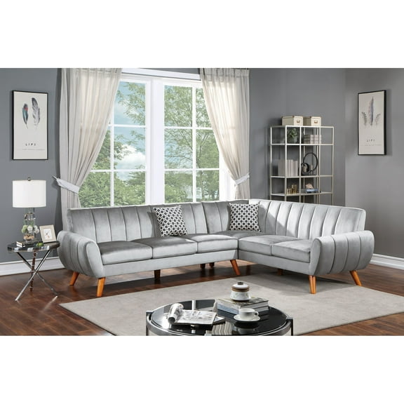 Sectional 2pc In Black Faux Leather, Gray Velvet Smooth, Wood Base Intriguing, Frame