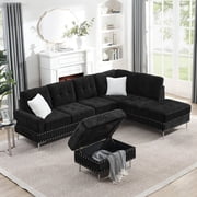Sectional 3-Seaters Sofa with Chaise, Storage Ottoman, Metal Legs and Copper Nails,Two White Pillows ,Black