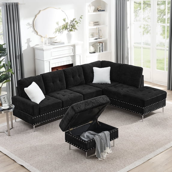 Sectional 3-Seaters Sofa with Chaise, Storage Ottoman, Metal Legs and Copper Nails,Two White Pillows ,Black