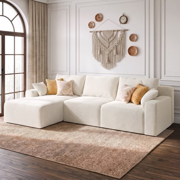 melmine Sectional Boneless Couch for Livingroom Modual Cloud Sofa Sectional Couch,Left Facing Chaise,White(Corduroy)