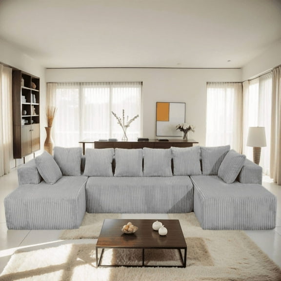 Sectional Cloud Couch Sofa for Living Room, 130" U-Shaped Modular Sectional Sofa, 4-Seater Modern Corduroy Lounge Sleeper Couches with Chaise, No Assemble, Grey