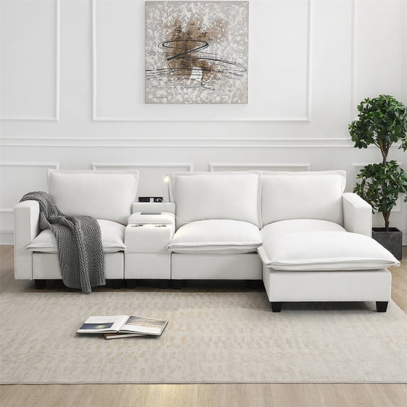 Sectional Cloud Sofa with Console, Modern 4 Seat Sofa Couch with USB Charging Port and Reading Light, Chenille Modular Couch with Cup Holder for Living Room Apartment