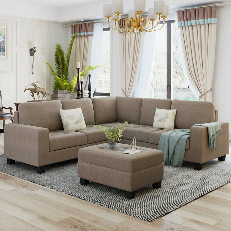 Sectional Corner Sofa Couch with Storage Ottoman L shape Couch for Living Room 5 Seat Sofa Set Modern Linen Tufted Sofa Sleeper with Cup Holders Design for Large Space Dorm Apartment Brown