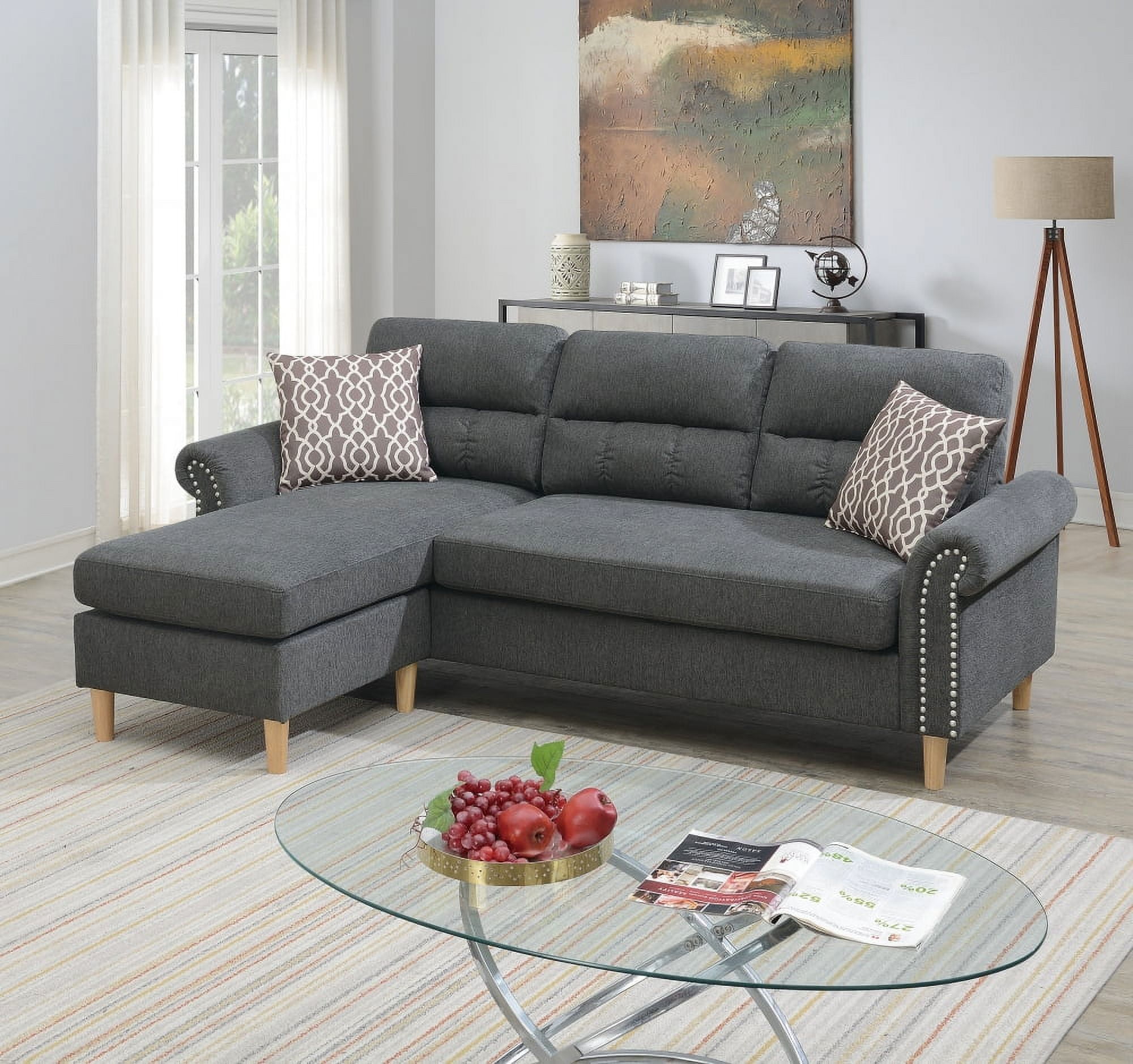 Sectional Couch with Chaise & Pillows, Reversible Sectional Sofa L