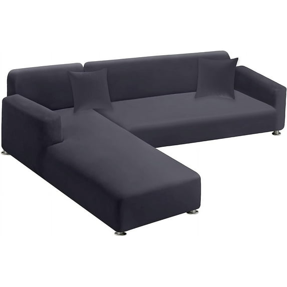 Sectional Couch Covers 2-Piece Softness L Shaped Sofa Cover Super Stretch L-Type Couch Slipcover with 2Pcs Pillowcases Sofa Slipcover 3 Seater + 3 Seater Furniture Protector (Dark Grey)