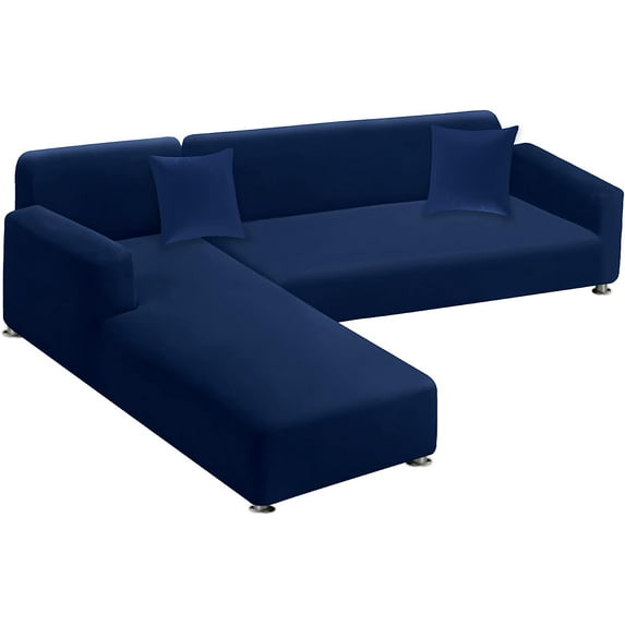 Sectional Couch Covers 2-Piece Softness L Shaped Sofa Cover Super Stretch L-Type Couch Slipcover with 2Pcs Pillowcases Sofa Slipcover 3 Seater + 3 Seater Furniture Protector (Navy)