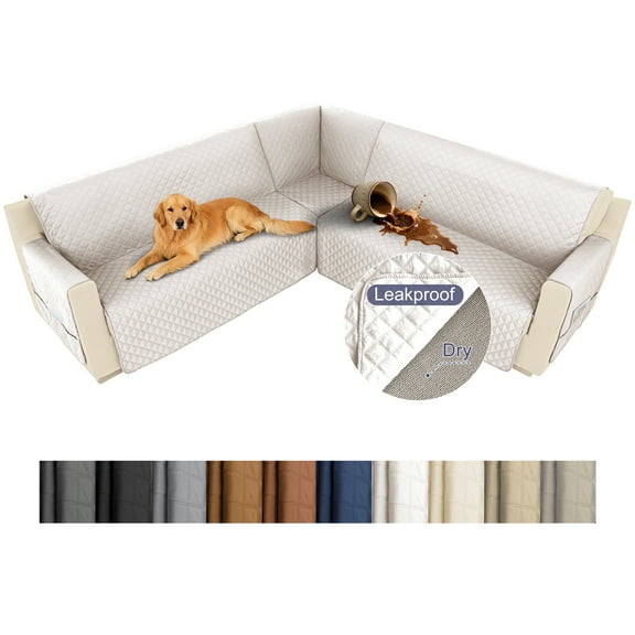 HDCAXKJ 100% Waterproof Sectional Corner Sofa Covers Quilted Couch Covers Non Slip L Shape Sofa Slipcovers with Pockets Furniture Protector for Pets Kids,Cream White
