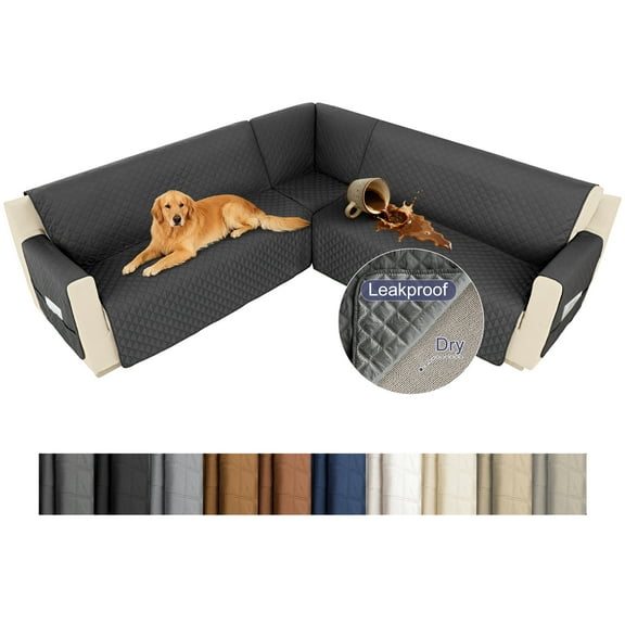 HDCAXKJ 100% Waterproof Sectional Corner Sofa Covers Quilted Couch Covers Non Slip L Shape Sofa Slipcovers with Pockets Furniture Protector for Pets Kids,Large,Dark Gray