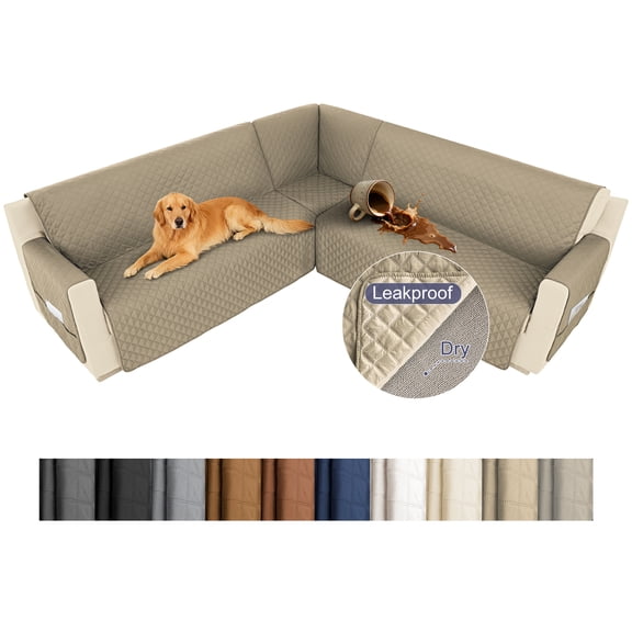 HDCAXKJ 100% Waterproof Sectional Corner Sofa Covers Quilted Couch Covers Non Slip L Shape Sofa Slipcovers with Pockets Furniture Protector for Pets Kids,Large,Khaki
