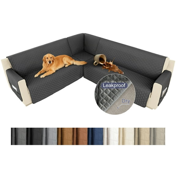 HDCAXKJ 100% Waterproof Sectional Corner Sofa Covers Quilted Couch Covers Non Slip L Shape Sofa Slipcovers with Pockets Furniture Protector for Pets Kids,X-Large,Dark Gray