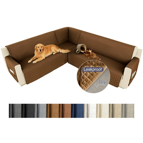HDCAXKJ 100% Waterproof Sectional Corner Sofa Covers Quilted Couch Covers Non Slip L Shape Sofa Slipcovers with Pockets Furniture Protector for Pets Kids,Light Brown