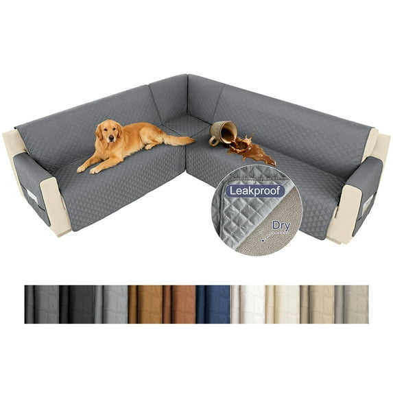 HDCAXKJ 100% Waterproof Sectional Corner Sofa Covers Quilted Couch Covers Non Slip L Shape Sofa Slipcovers with Pockets Furniture Protector for Pets Kids,Silver Gray