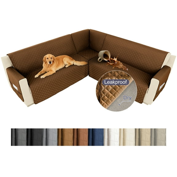 HDCAXKJ 100% Waterproof Sectional Corner Sofa Covers Quilted Couch Covers Non Slip L Shape Sofa Slipcovers with Pockets Furniture Protector for Pets Kids,XX-Large,Light Brown