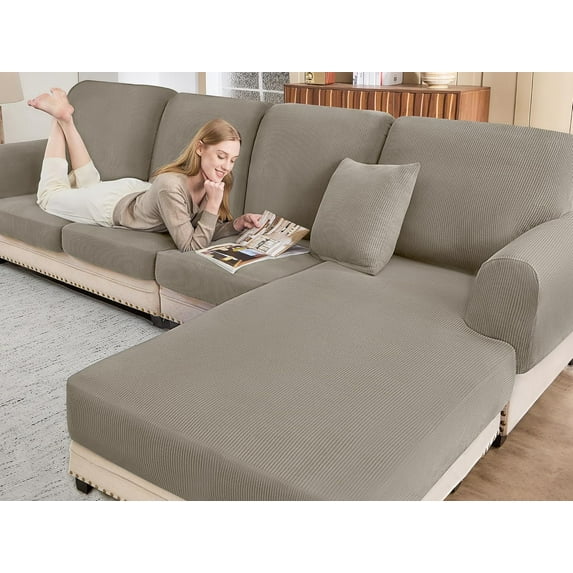 Sectional Couch Covers for Sofa Cushion L Shaped Couch Cover Washable Soft Couch Cushion Covers Stretch Sofa Slipcovers with 2 Pcs Pillowcases(4-Piece 3 Seater + 1 Chaise, Taupe)