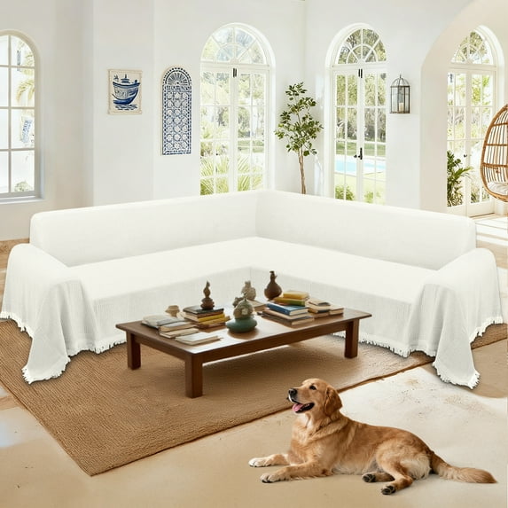 HDCAXKJ Washable L Shape Sofa Covers Reversible Sectional Couch Covers Corner Sofa Slipcovers Blankets Sofa Cover for Living Room Home Decor,91"x252",Ivory Cream