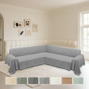 HDCAXKJ Boho Corner Sectional Couch Covers L Shape Sofa Cover Washable Soft Waffle Knitted Reversible Sectional Slipcovers Blanket with Tassel U Shaped Furniture Protector, 91"x276", Gray