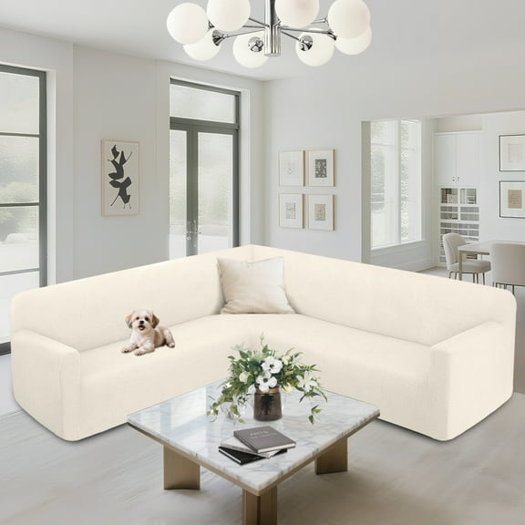 HDCAXKJ Sectional Couch Covers L Shaped Sofa Cover Stretch Jacquard Corner Sofa Covers for Living Room Non Slip Sectional Couch Slipcovers Furniture Protector,Large,Cream White