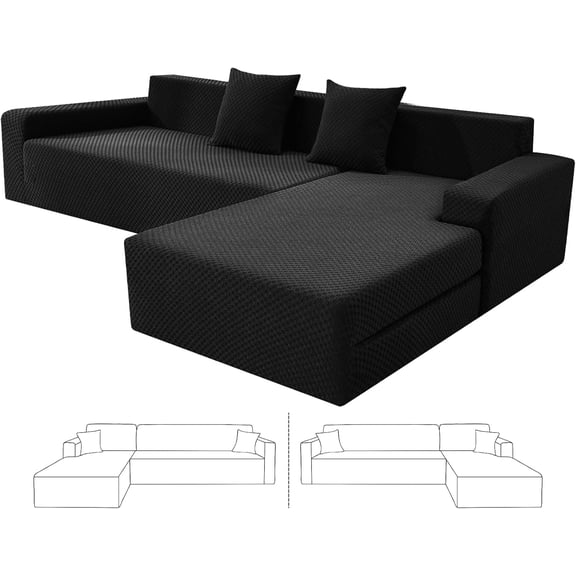 Sectional Couch Covers, Stretch Jacquard Slipcovers with Elastic Bottom for L-Shape Sectional Sofa, 2 Pcs Pet Friendly Modular Sofa Protector (3 Seat Couch + 2 Seat Chaise, Black)