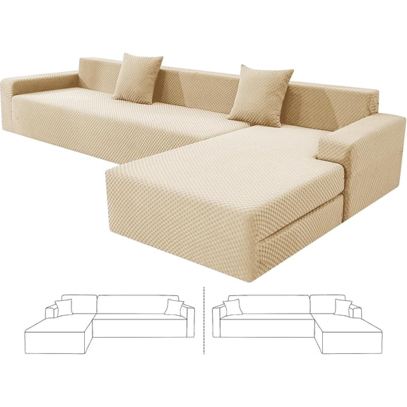 Sectional Couch Covers, Stretch Jacquard Slipcovers with Elastic Bottom for L-Shape Sectional Sofa, 2 Pcs Pet Friendly Modular Sofa Protector (3 Seat Couch + 3 Seat Chaise, Light Beige)