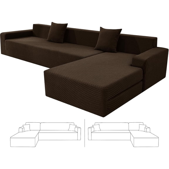 Sectional Couch Covers, Stretch Jacquard Slipcovers with Elastic Bottom for L-Shape Sectional Sofa, 2 Pcs Pet Friendly Modular Sofa Protector (3 Seat Couch + 3 Seat Chaise, Dark Coffee)