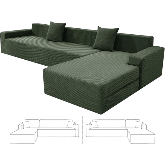 Sectional Couch Covers, Stretch Jacquard Slipcovers with Elastic Bottom for L-Shape Sectional Sofa, 2 Pcs Pet Friendly Modular Sofa Protector (3 Seat Couch + 3 Seat Chaise, Army Green)