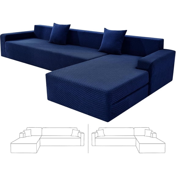Sectional Couch Covers, Stretch Jacquard Slipcovers with Elastic Bottom for L-Shape Sectional Sofa, 2 Pcs Pet Friendly Modular Sofa Protector (3 Seat Couch + 3 Seat Chaise, Navy Blue)