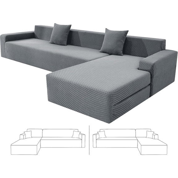 Sectional Couch Covers, Stretch Jacquard Slipcovers with Elastic Bottom for L-Shape Sectional Sofa, 2 Pcs Pet Friendly Modular Sofa Protector (3 Seat Couch + 3 Seat Chaise, Light Grey)