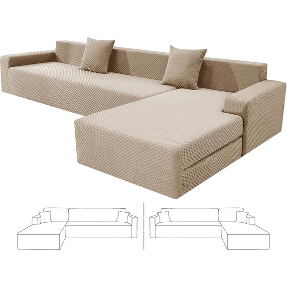 Sectional Couch Covers, Stretch Jacquard Slipcovers with Elastic Bottom for L-Shape Sectional Sofa, 2 Pcs Pet Friendly Modular Sofa Protector (3 Seat Couch + 3 Seat Chaise, Khaki)