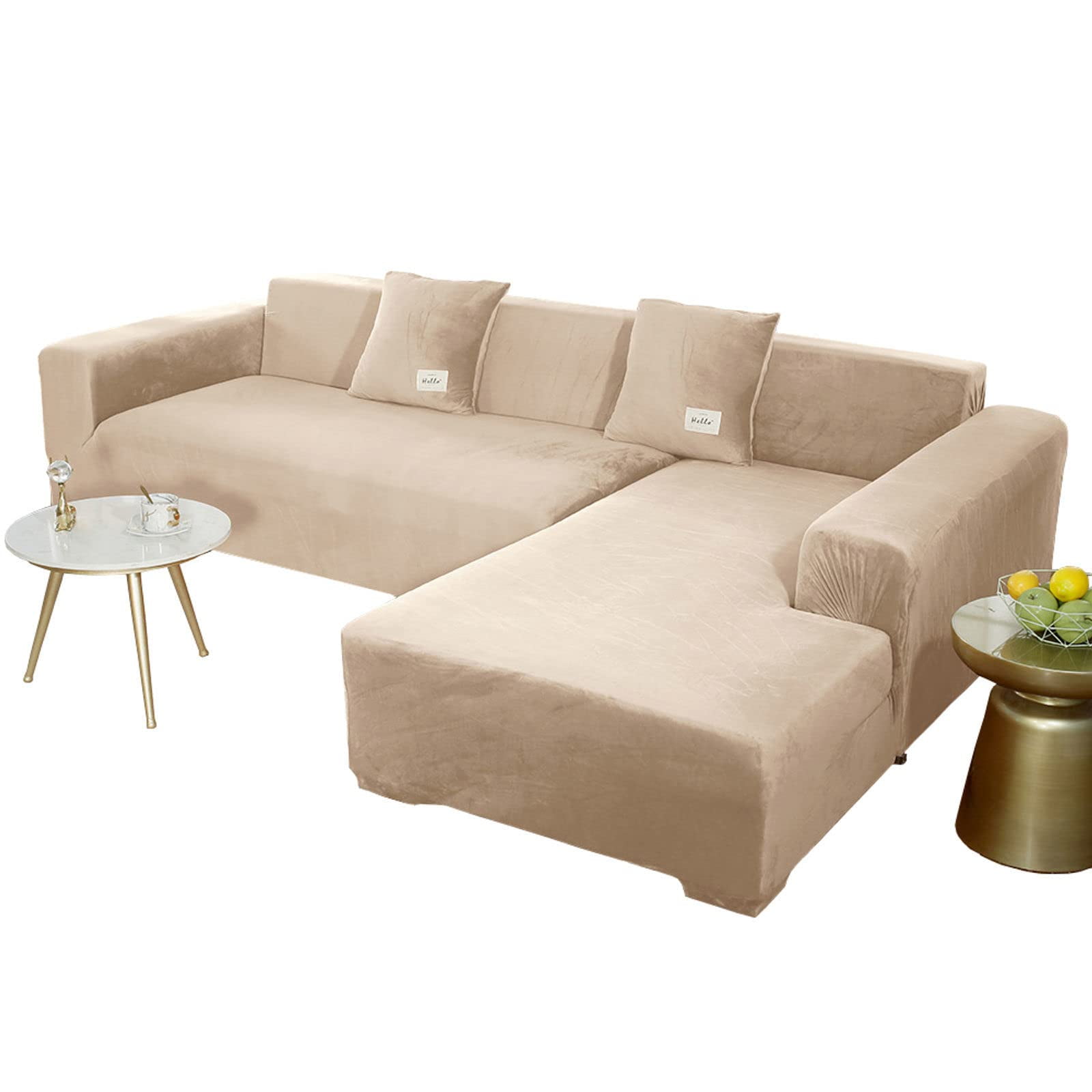 Sectional Couch Covers, Stretch Sofa Cover Velvet L-Shaped Sofa Cover Soft Non Slip Furniture Protector for Corner Sofa-Pink-3 Seater+3 Seater