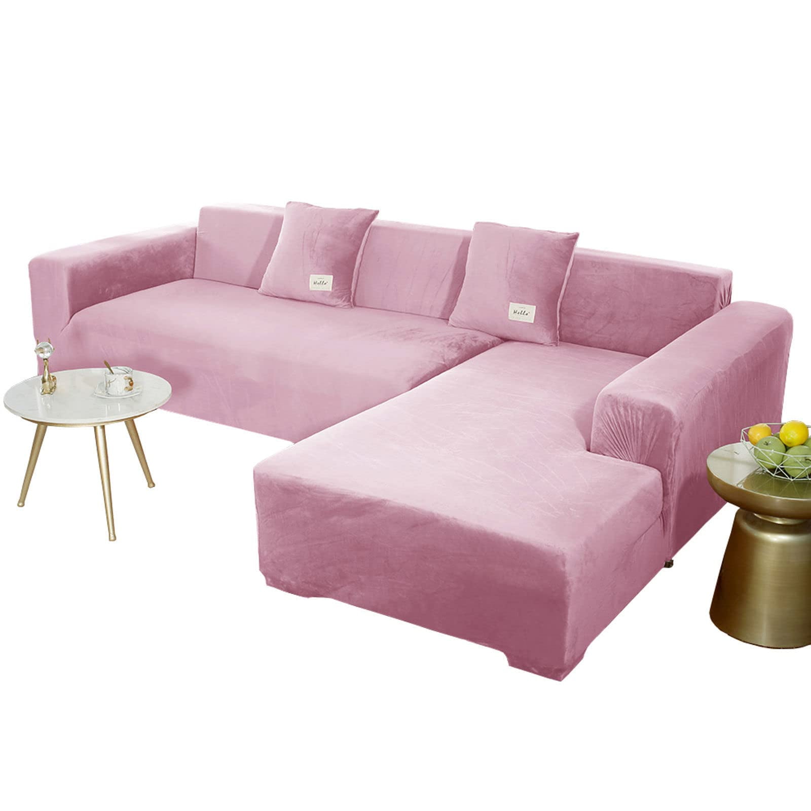 Sectional Couch Covers, Stretch Sofa Cover Velvet L-Shaped Sofa Cover Soft Non Slip Furniture Protector for Corner Sofa-Pink-3 Seater+3 Seater