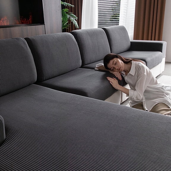 Ohsio Sectional Couch Covers, Wear Resistant Stretch Sofa Covers Washable Soft Couch Cushion Covers Anti Slip Furniture Protector Sofa Slipcovers for Pets (1 Piece Small Seat Cover, Dark Gray)