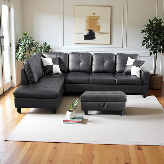 Sectional Couch Faux Leather L Shaped Couch for Living Room 3 Pieces Modular Sectional Sofa Set with Chaise, Ottoman with Storage for Small Apartment, Study, Home Office, Black