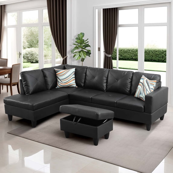 Sectional Couch, L Shaped Couch with Storage Ottoman, Leather Sofas for Living Room Apartment, Modern 3 Piece Sofa Set, Left Chaise, Black