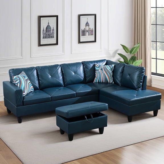 Sectional Couch, L Shaped Couch with Storage Ottoman, Leather Sofas for Living Room Apartment, Modern 3 Piece Sofa Set, Right Chaise, Deep Blue