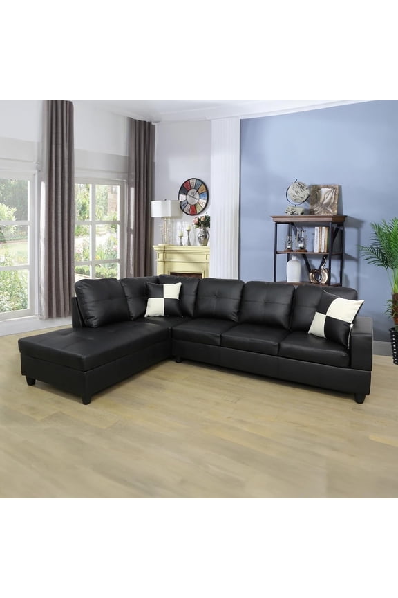 Sectional Couch for Living Room Furniture Sets, Black Faux Leather Sofa Couch L Shape Couch Living Room Sofa with Chaise 2 Piece Using for Living Room(Black,Facing Left Chaise)