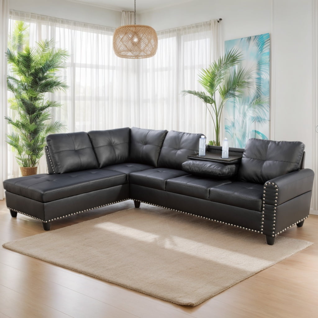 Sectional Couch for Living Room Furniture Sets, Faux Leather L Shape Living Room Sofa with Chaise 2 Piece Using for Apartment, Office, Bedrooms, Black(Facing Left Chaise)