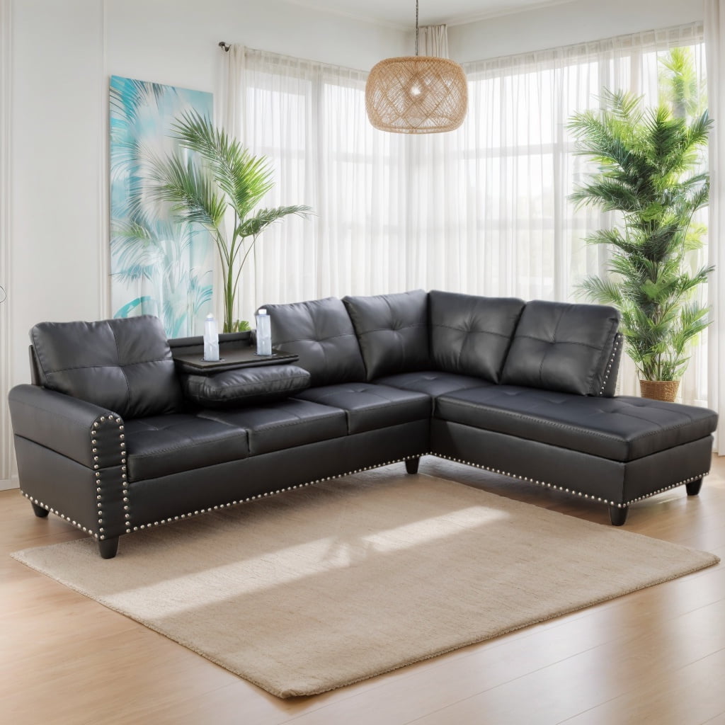 Sectional Couch for Living Room Furniture Sets, Faux Leather L Shape Living Room Sofa with Chaise 2 Piece Using for Apartment, Office, Bedrooms, Black(Facing Right Chaise)
