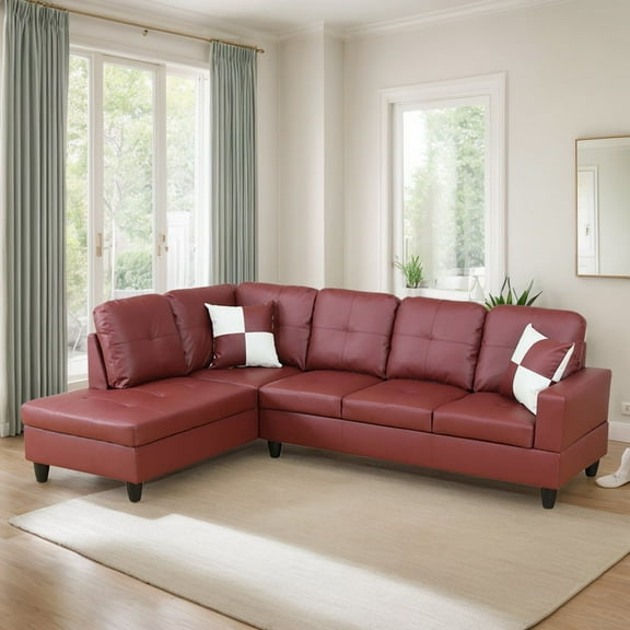 Sectional Couch for Living Room Furniture Sets, Faux Leather L Shape Living Room Sofa with Chaise 2 Piece Using for Apartment, Office, Bedrooms, Red (Facing Left Chaise)