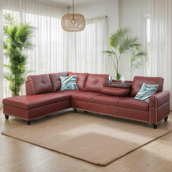 Sectional Couch for Living Room Furniture Sets, Faux Leather L Shape Living Room Sofa with Chaise 2 Piece Using for Apartment, Office, Bedrooms, Red(Facing Left Chaise)