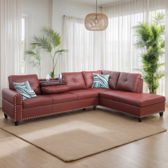 Sectional Couch for Living Room Furniture Sets, Faux Leather L Shape Living Room Sofa with Chaise 2 Piece Using for Apartment, Office, Bedrooms, Red(Facing Right Chaise)