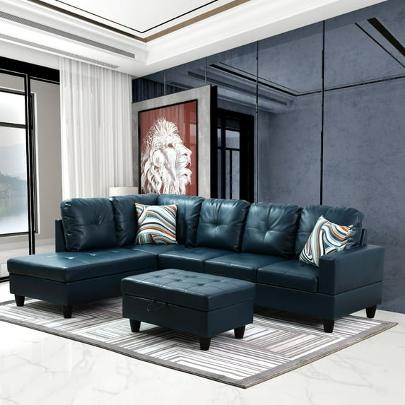 Sectional Couch for Living Room Furniture Sets, Faux Leather L Shape Living Room Sofa with Chaise and Storage Ottoman 3 Piece Using for Apartment, Office, Bedrooms, (Facing Left Chaise)
