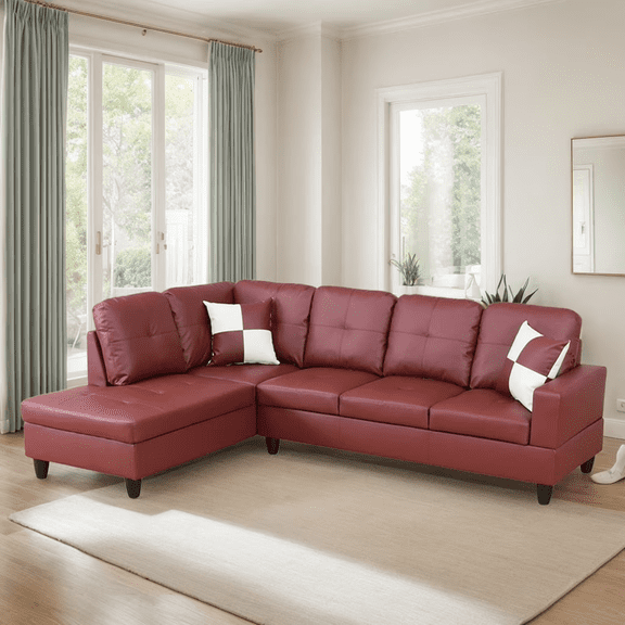 Sectional Couch for Living Room Furniture Sets, Faux Leather L Shape Sofa with Chaise 2 Piece Using for Small Apartments and Offices (Dark Red,Facing Left Chaise)