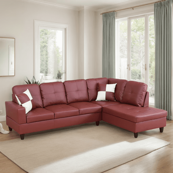 Sectional Couch for Living Room Furniture Sets, Faux Leather L Shape Sofa with Chaise 2 Piece Using for Small Apartments and Offices (Dark Red,Facing Right Chaise)