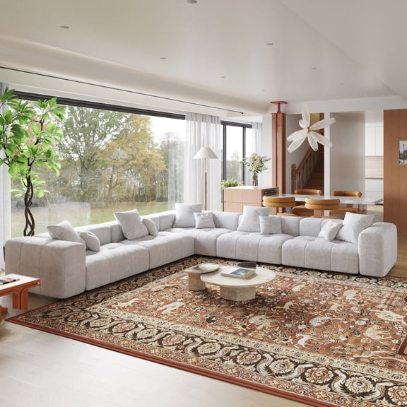 Sectional Couch Modular Deep Seat Sofa Couch,Linen Sofa Sleeper Comfy Upholstered Furniture for Living Room,Apartment,Studio,Office,(5-Seat,White)