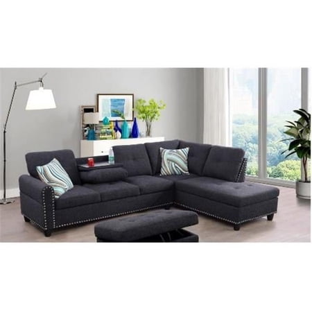 Sectional Couch Sofa Set with Ottoman Right Facing Build-in Coffee Table Dark Grey Line - 3 Piece