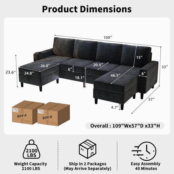 Sectional Couch with LED Light and Wireless Charging, 6 U Shaped Sofa with Storage Ottomans for Living Room