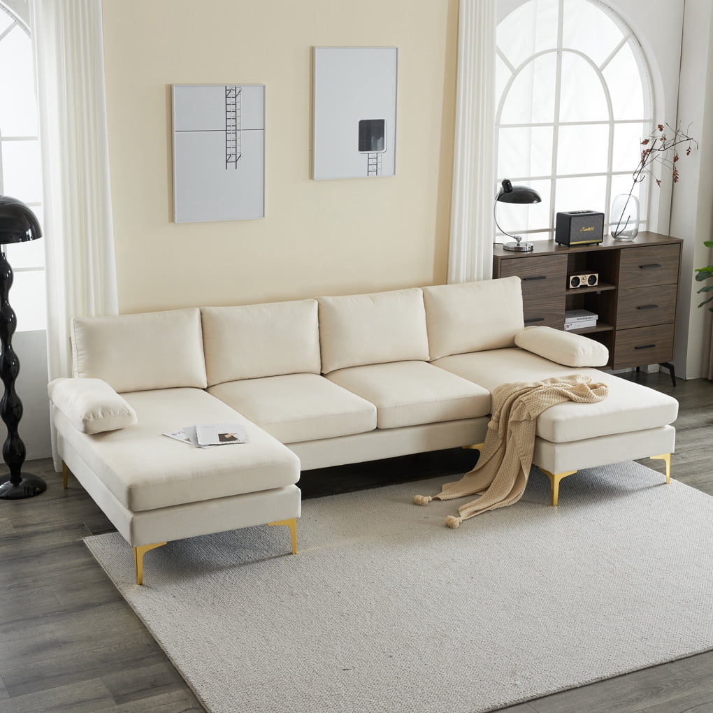 Sectional Couches For Living Room, U-Shaped 4-Seat Linen Sofa with Chaise, Modern Minimalist Couch, White