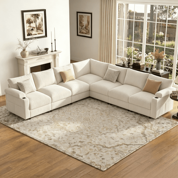 Modular Sectional Sofa,Modern Chenille L Shaped Cloud Couches,Deep Seat Sofa for Living Room, Apartment, Office, 7-Seat, Beige